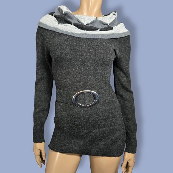Y2K Gray Belted Sweater Size S Silver Oval Buckle Retro Mod Cowl Neck Fitted - Picture 1 of 10